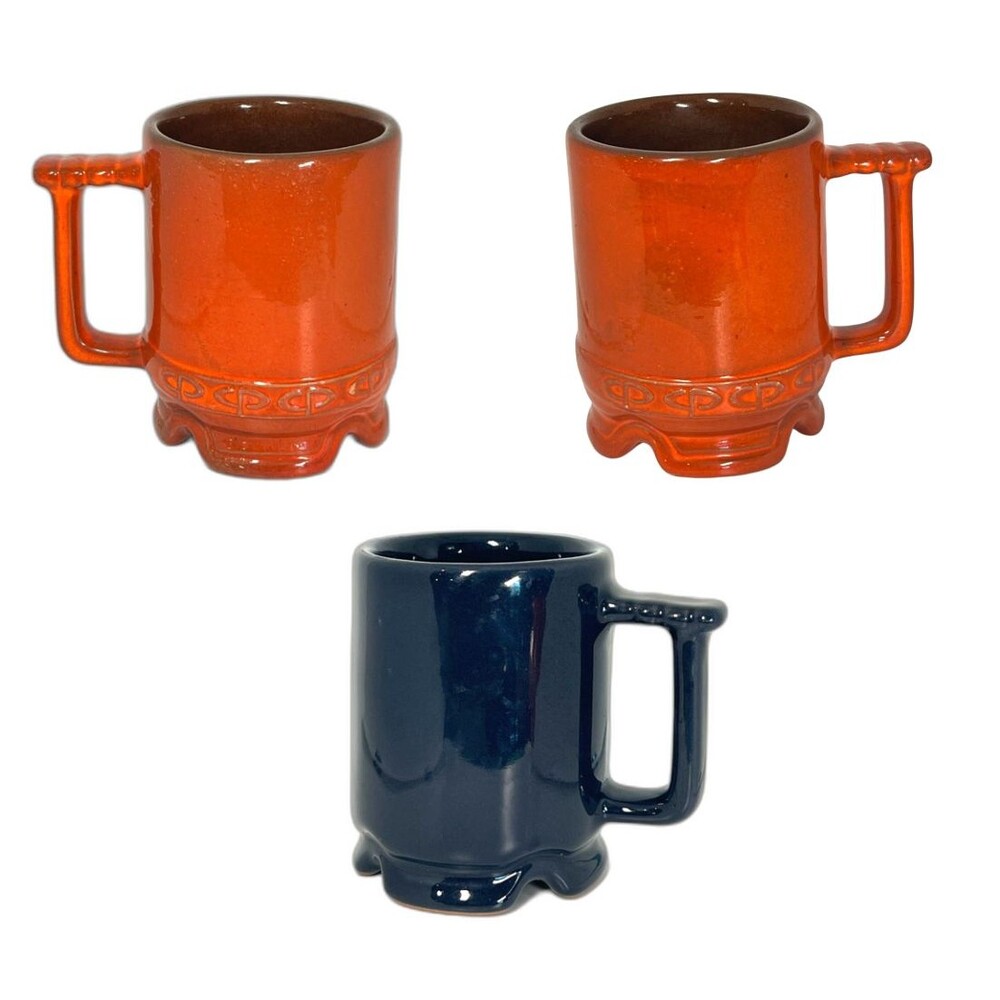 3 Red Blue Frankoma Mug Set Footed Ceramic Cups Coffee Tea Handle 1950s VINTAGE